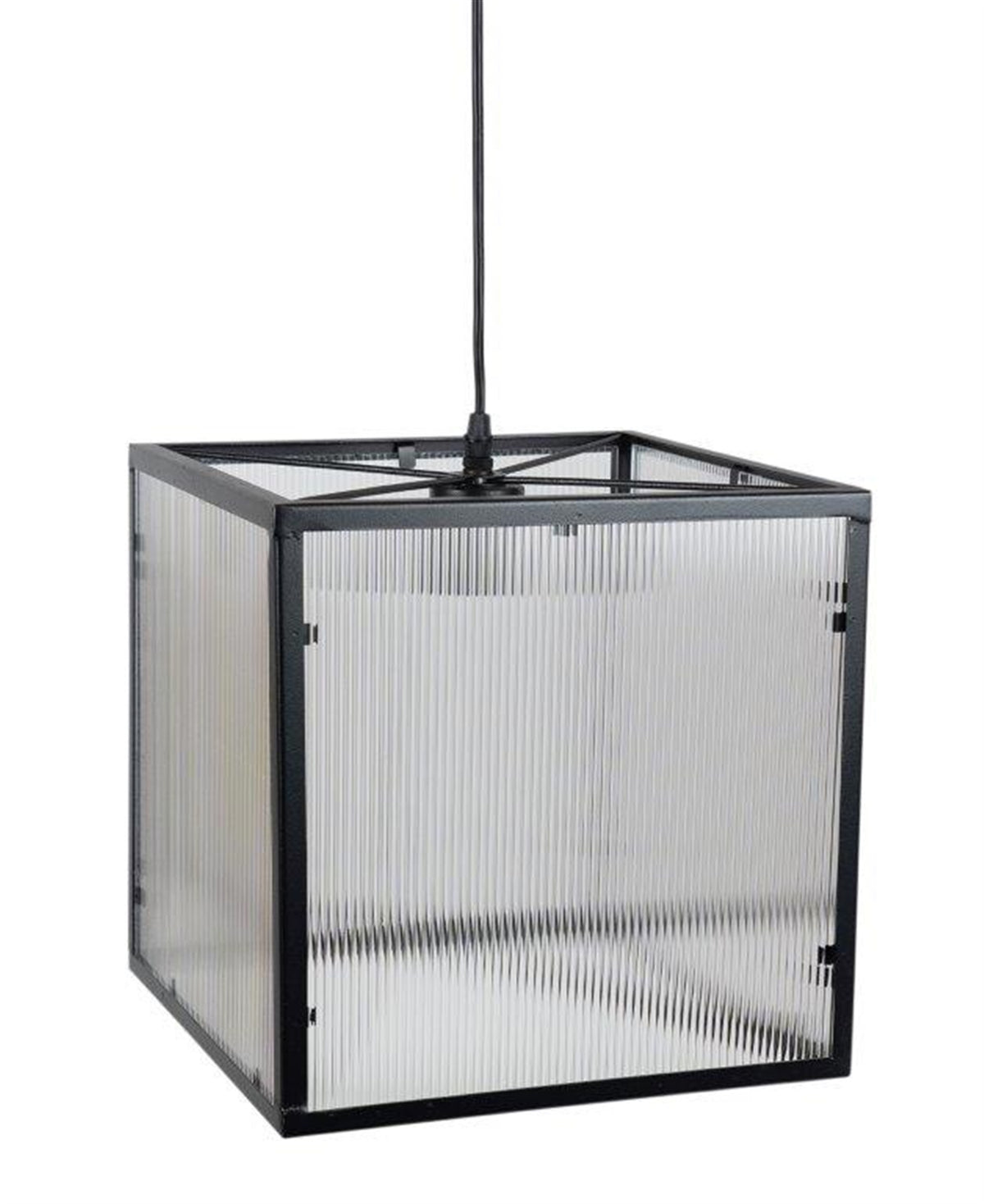 Square black iron hanging pendant light with ribbed acrylic panels on a 12 in frame