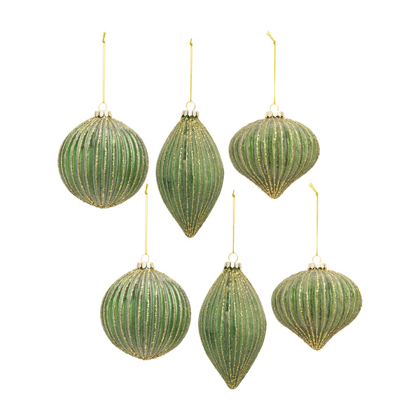 Set of 6 ribbed green glass Christmas ornaments in ball, drop and onion shapes with gold accents