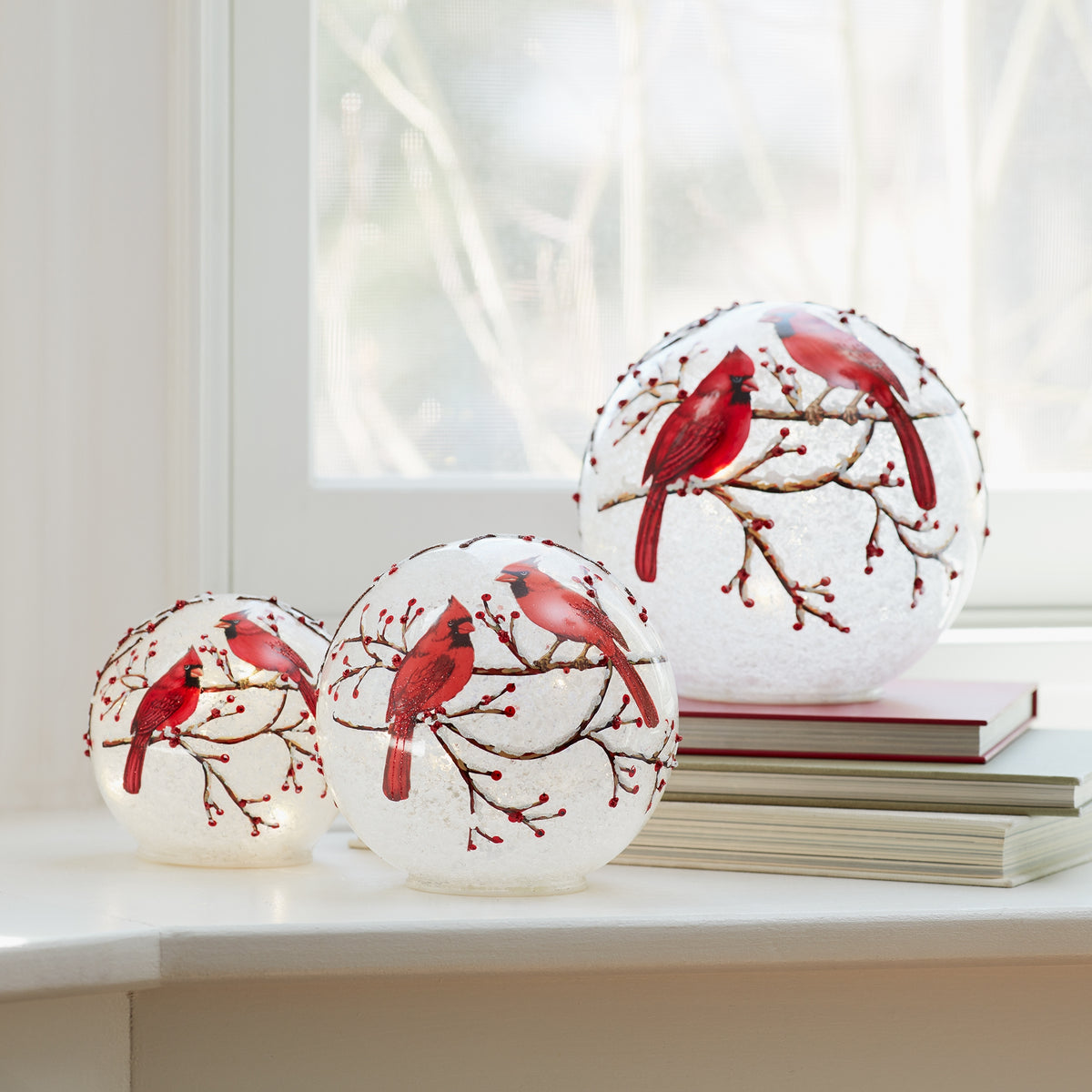 LED Frosted Cardinal Orb with Berry Branch Design (Set of 3)