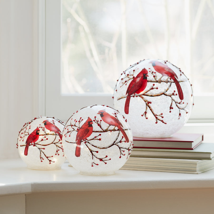 LED Frosted Cardinal Orb with Berry Branch Design (Set of 3)