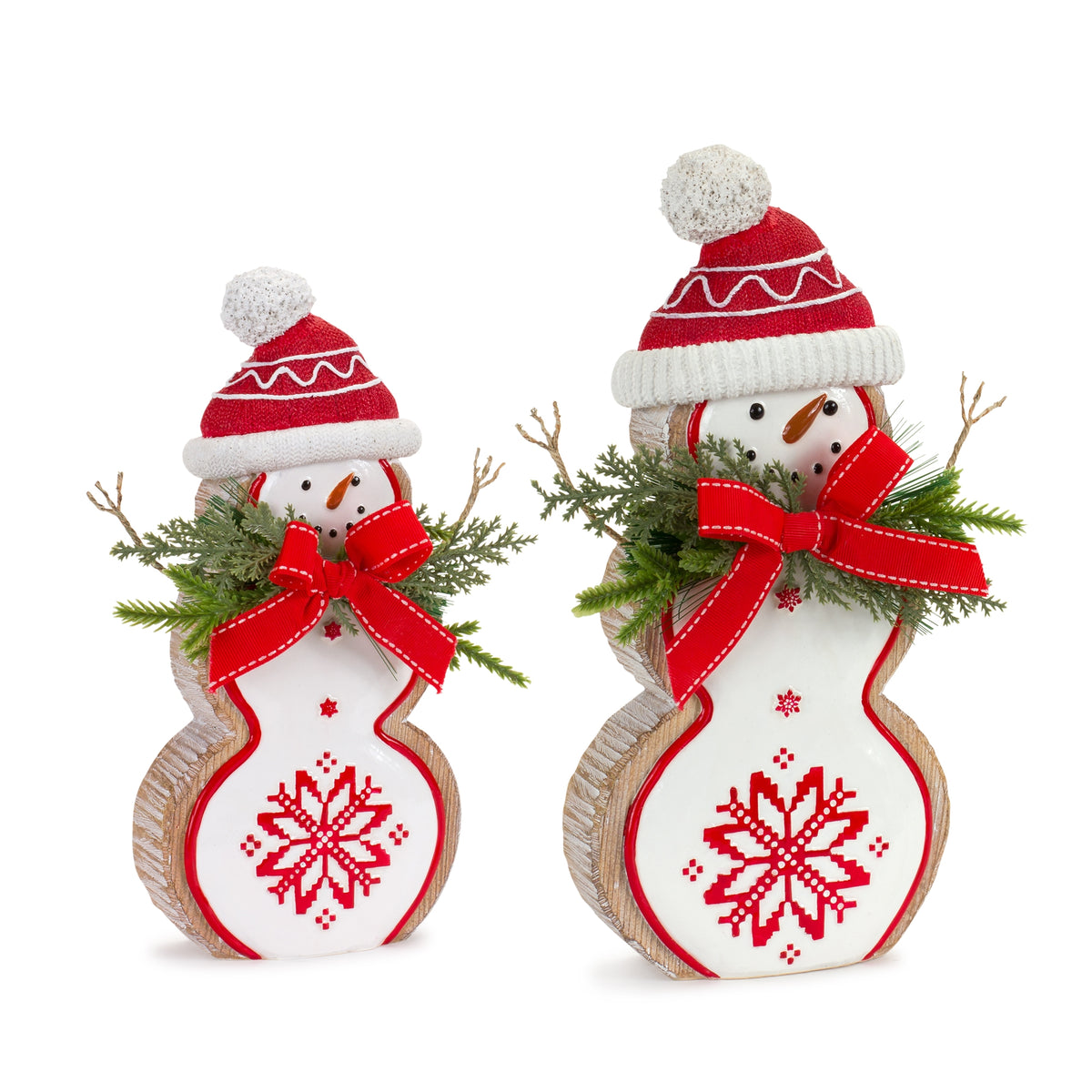 Nordic Snowflake Snowman Figurine with Pine Bow Set of 2 - White Red and Green Resin, Two Sizes Christmas Decor