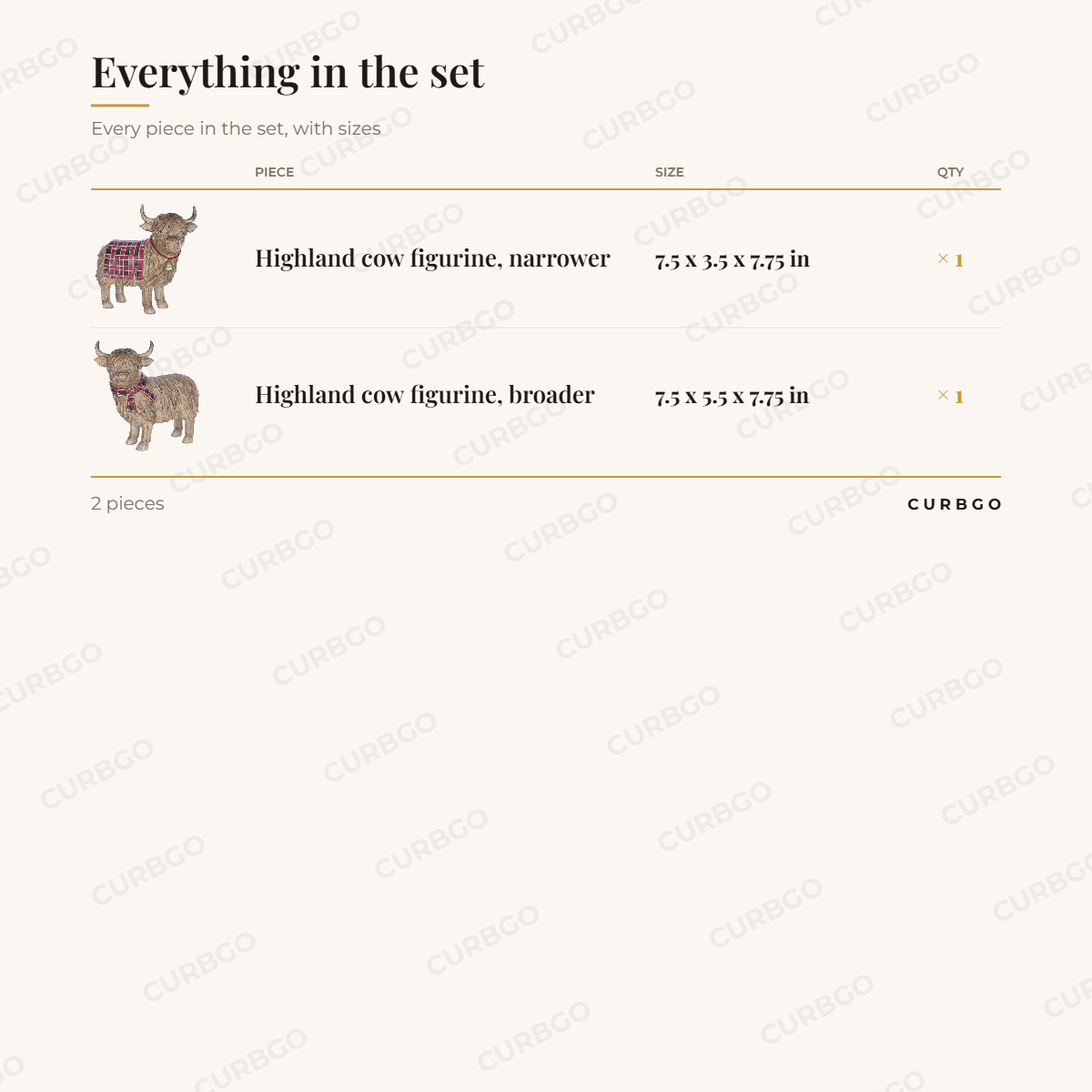Piece sizes: Highland cow figurine, narrower 7.5 x 3.5 x 7.75 in (x1); Highland cow figurine, broader 7.5 x 5.5 x 7.75 in (x1). 2 pieces