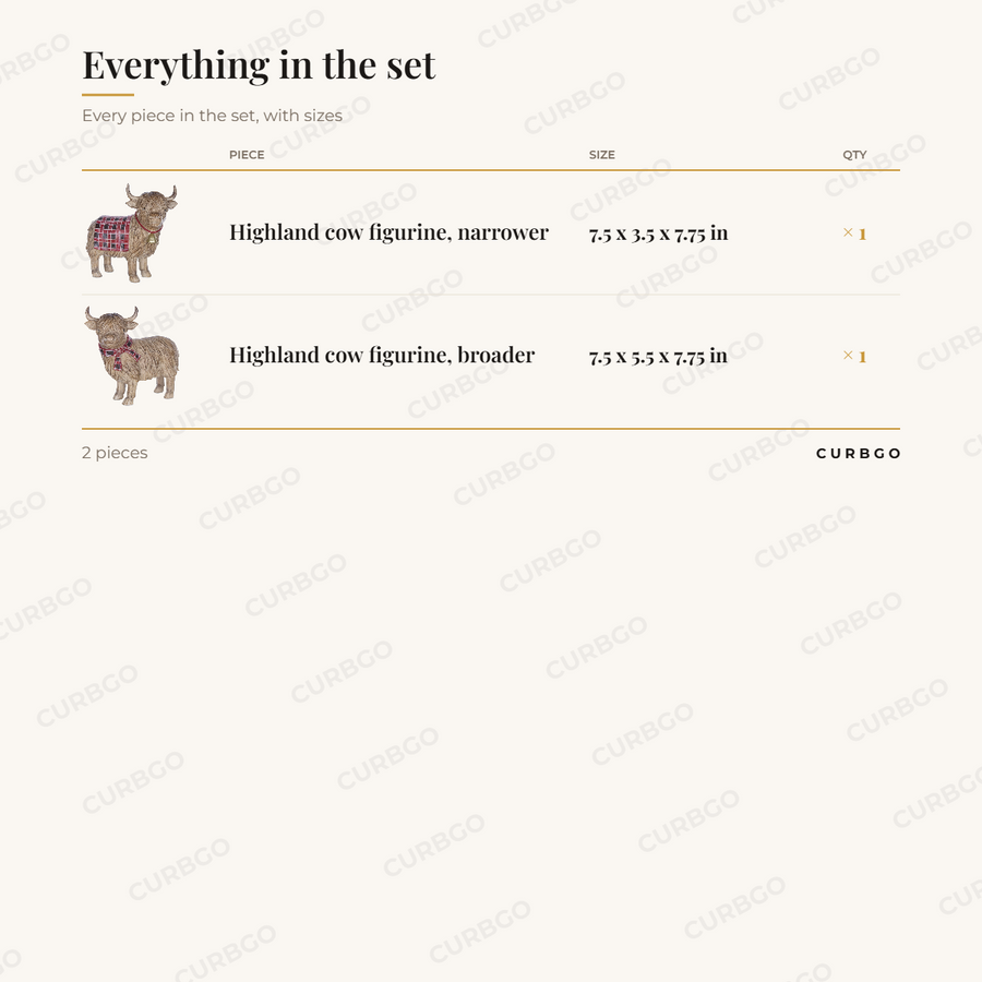 Piece sizes: Highland cow figurine, narrower 7.5 x 3.5 x 7.75 in (x1); Highland cow figurine, broader 7.5 x 5.5 x 7.75 in (x1). 2 pieces