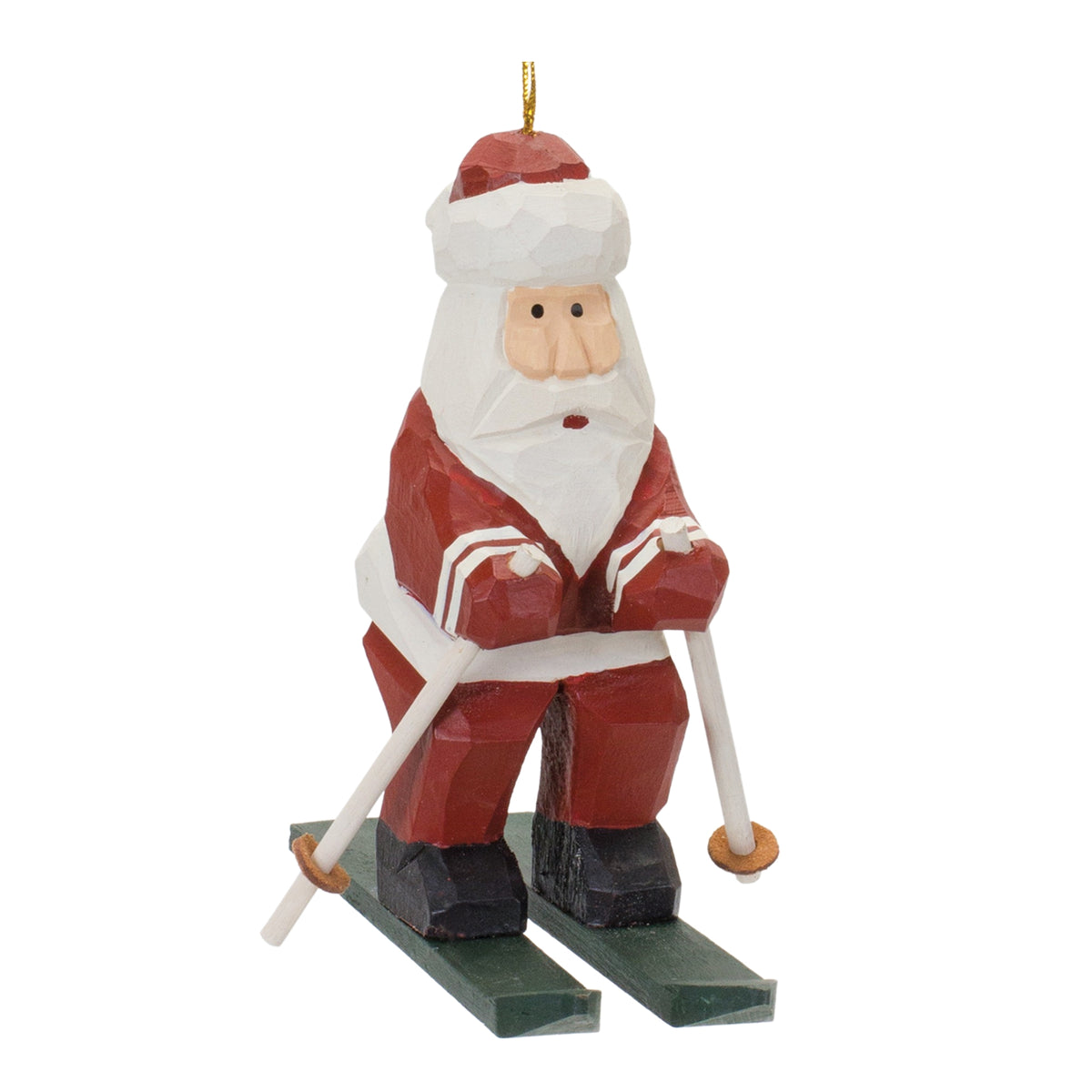 Santa on Skis Ornament Set of 6 - Red, White, and Green Wood, Six Matching Folk-Art Figures for the Christmas Tree