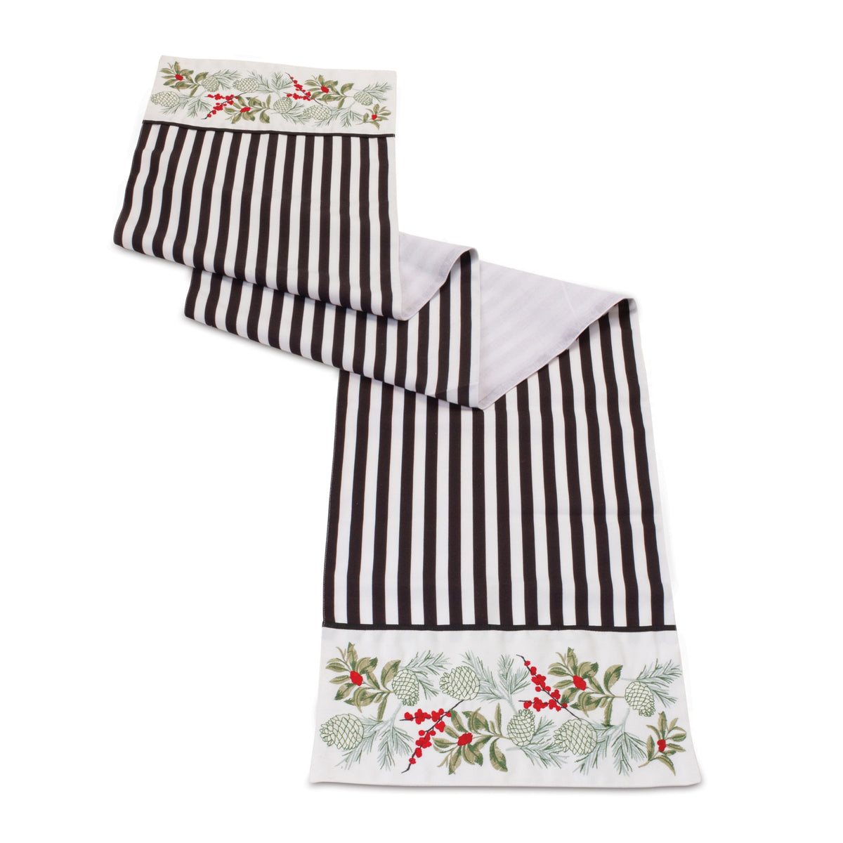 Striped Holiday Table Runner 72 in - Black and White Polyester with Embroidered Pine and Berry Accents for Christmas Dining