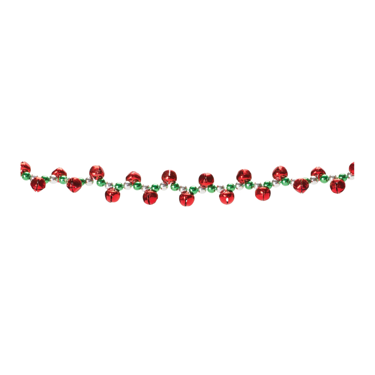Two red and green metal sleigh bell Christmas garlands