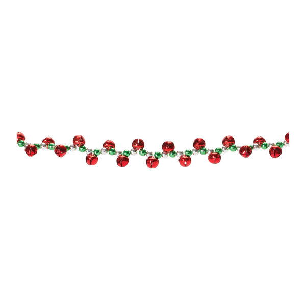 Two red and green metal sleigh bell Christmas garlands