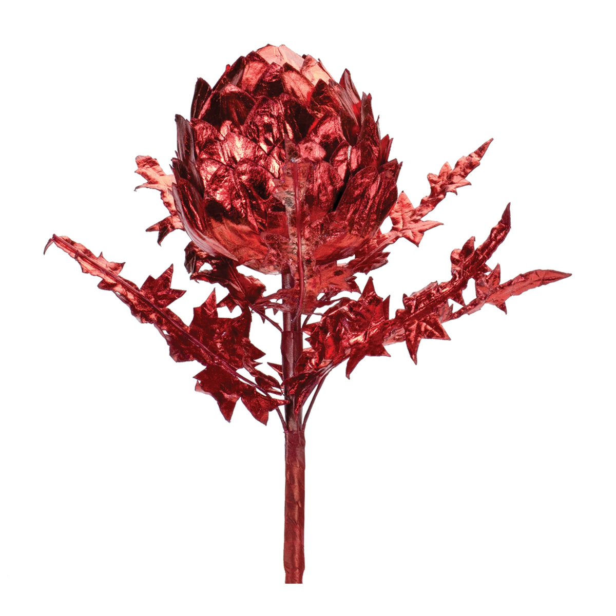 Metallic Artichoke Stem Set of 2 - Red Glittered Polyester, 18.5 in Wired Faux Stems for Vases and Wreaths Christmas Decor