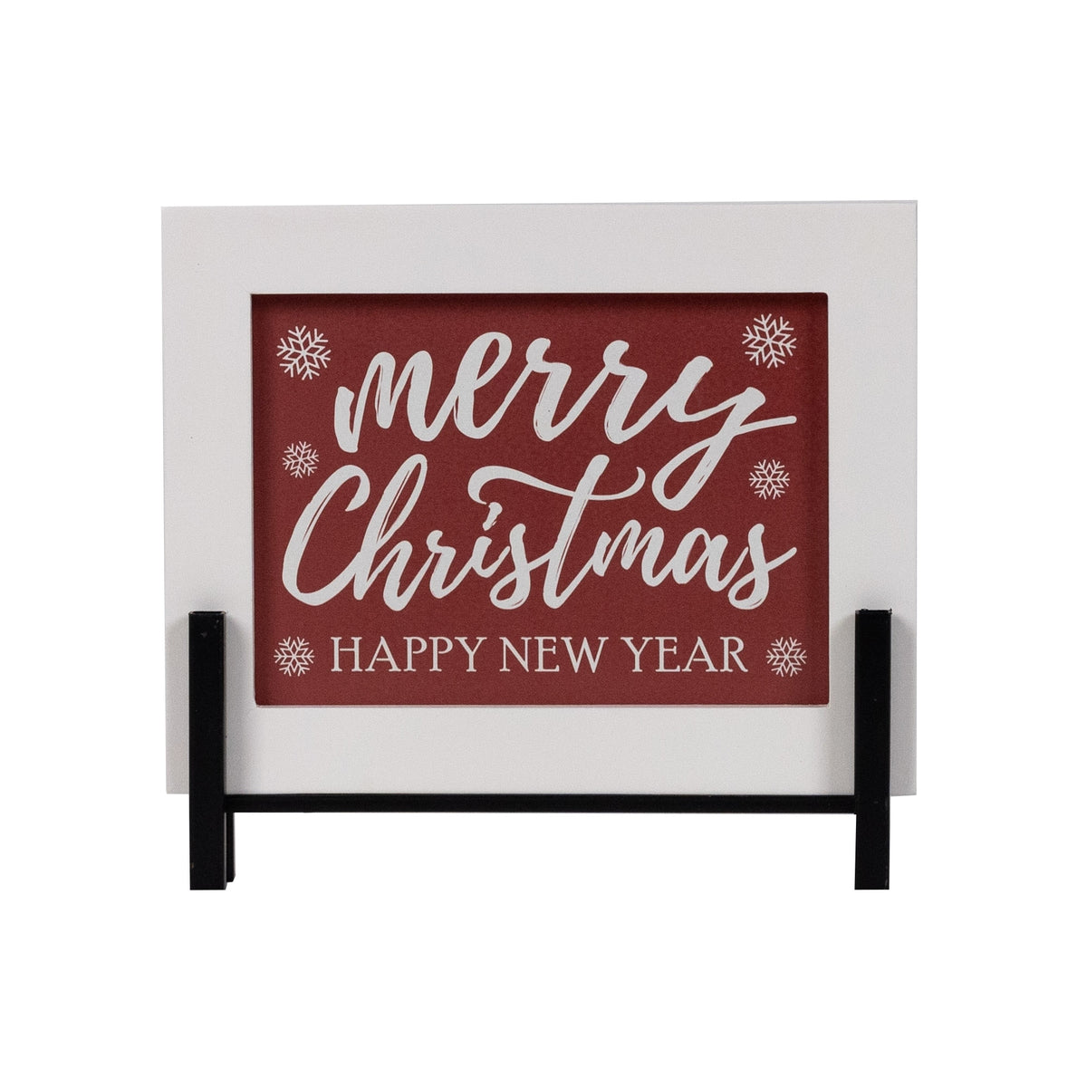 Small white and red wood sign reading Merry Christmas, Happy New Year on a stand