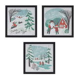 Set of three framed winter scene prints in blue, red, and white, each 10 inches square