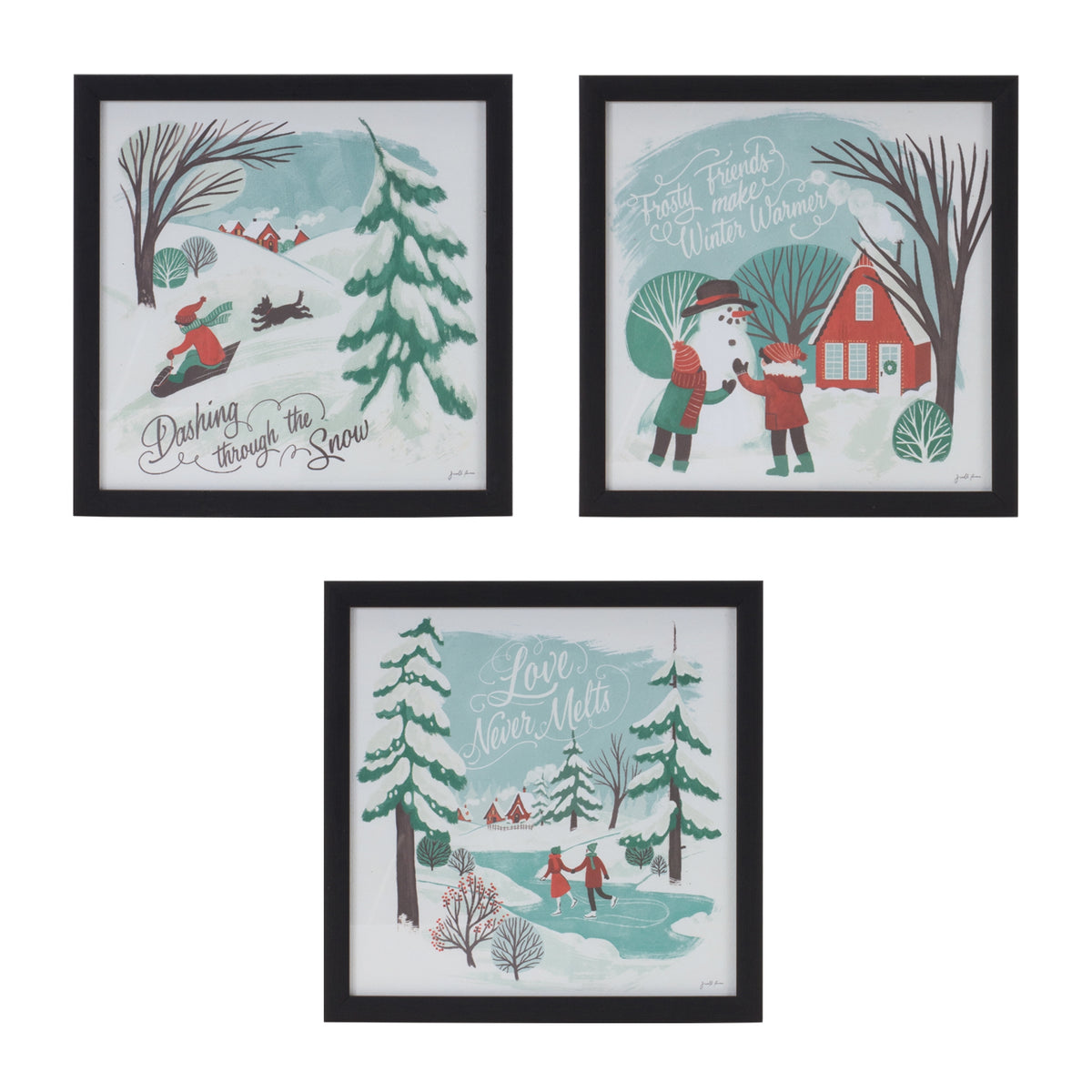 Set of three framed winter scene prints in blue, red, and white, each 10 inches square