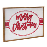 Red and white Merry Christmas sign in cursive script with a natural wood frame