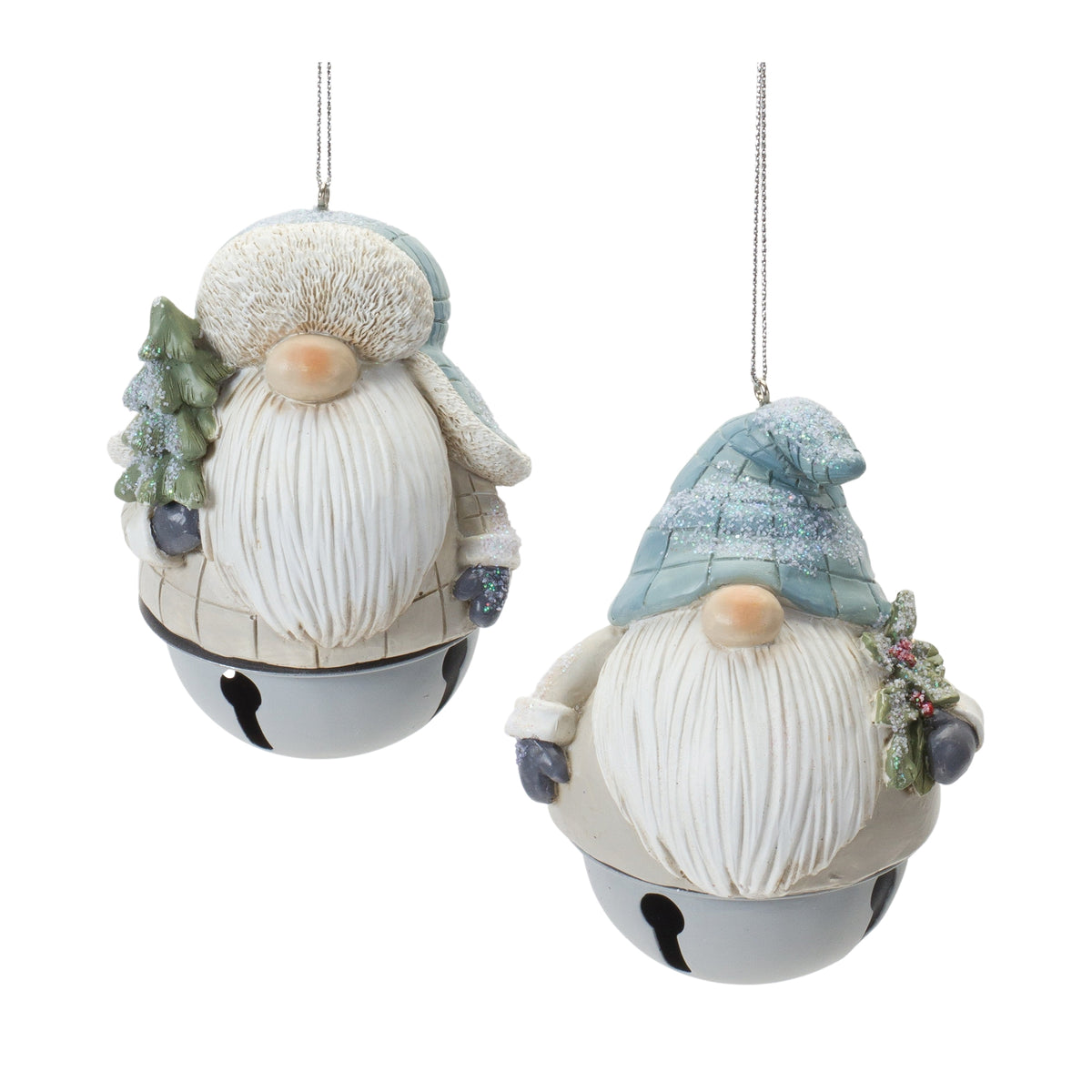 Gnome Sleigh Bell Ornament Set of 12 - Frosted Blue and Cream Resin, Jingling Bell Bases for the Christmas Tree