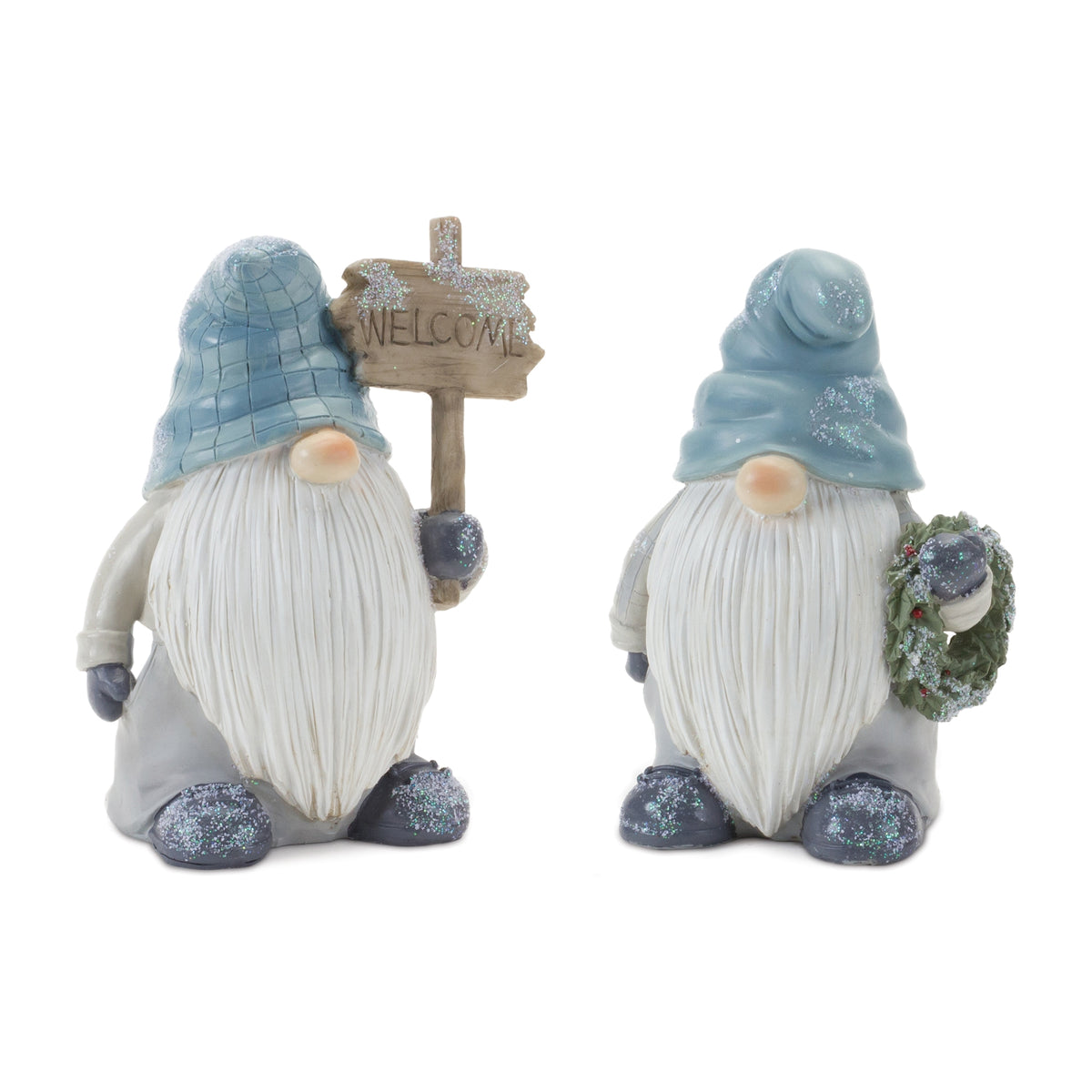 Winter Gnome Figurine Set of 6 - Blue and Grey Resin, Two Assorted Designs with Glitter Finish Christmas Decor