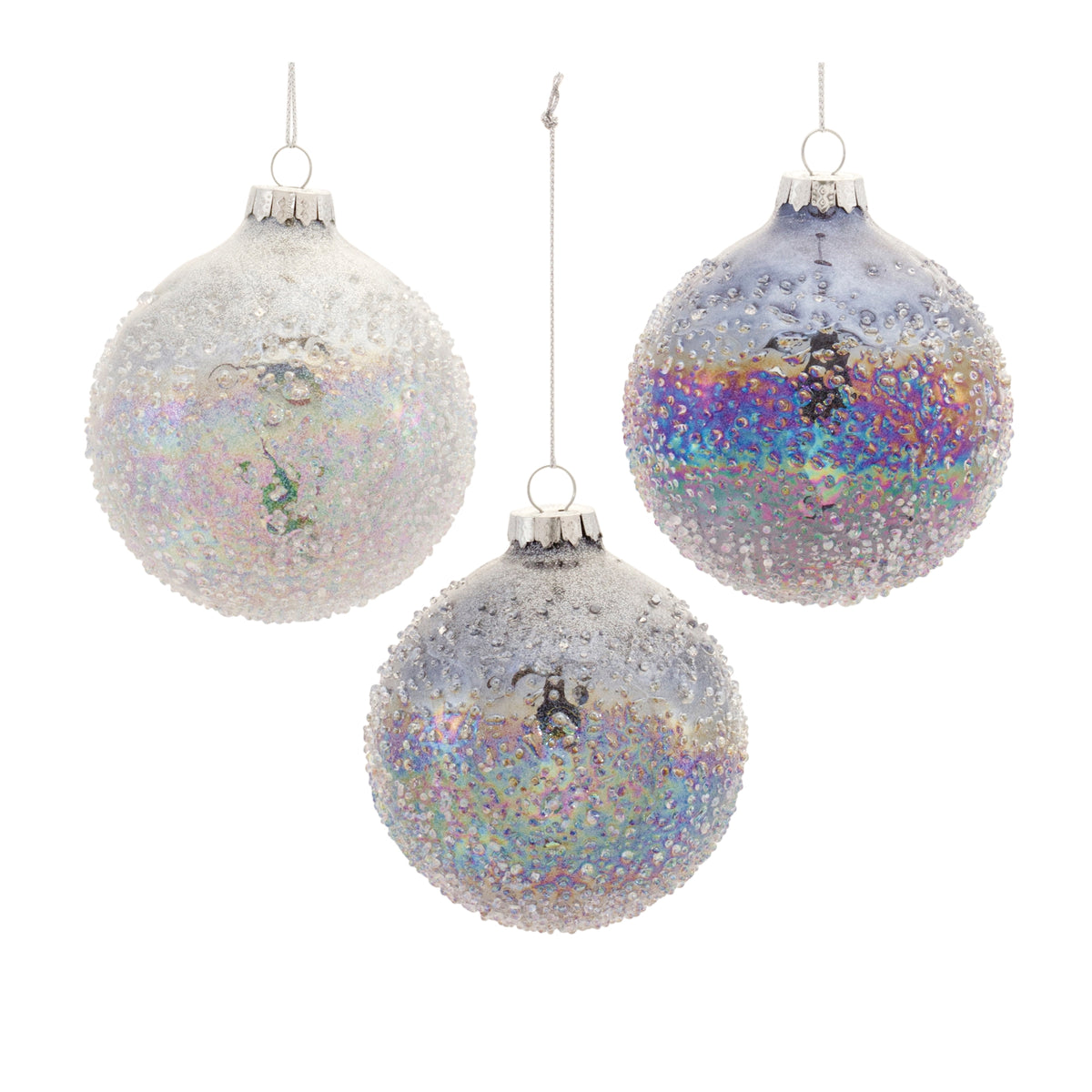 Twelve iridescent glass ball Christmas ornaments in silver, blue, and white with silver string hangers