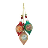 Twelve red, green and gold glass triple reflector drop Christmas ornaments with glitter and bead accents