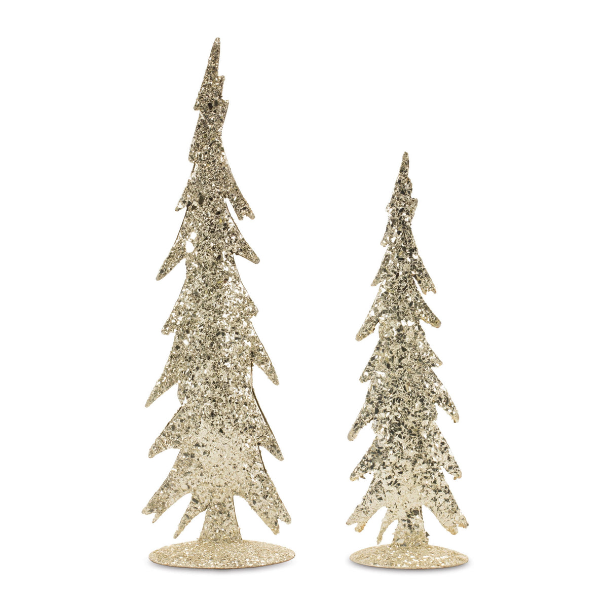 Gold Mosaic Glass Pine Tree Set of 2 - Gold and Silver Iron Tabletop Trees, Two Heights for a Modern Christmas Display