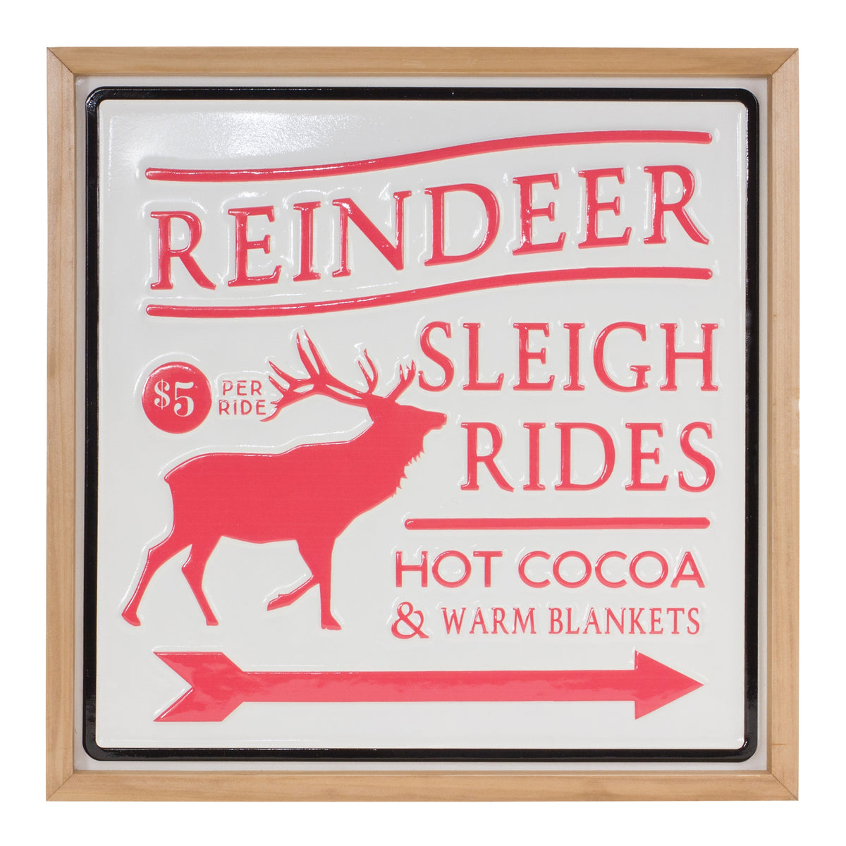 Square red and white Reindeer Rides sign with an iron metal face and natural wood frame