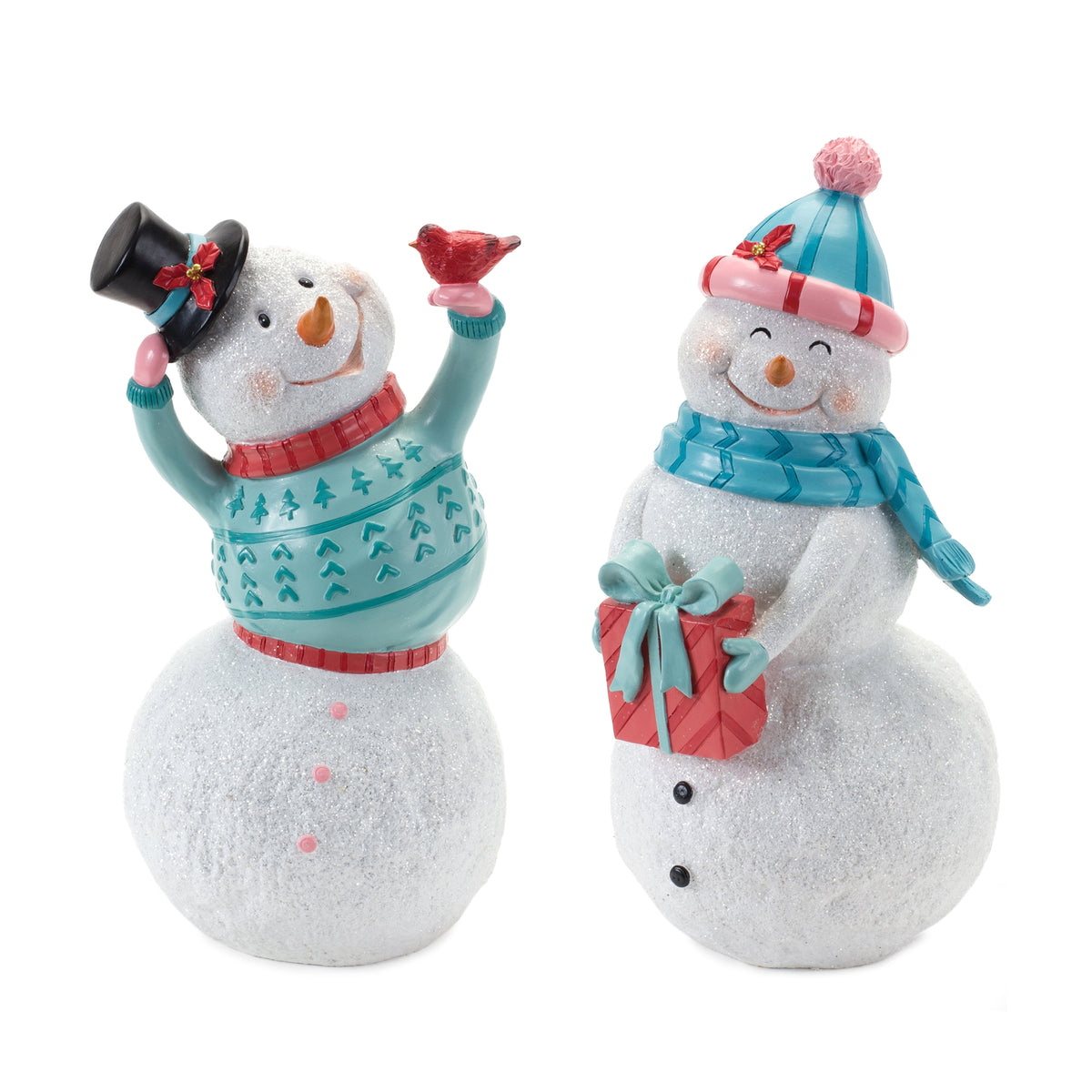 Whimsical Snowman Figurine Set of 2 - Blue and White Resin, Two Sizes with Cardinal Accent Christmas Decor