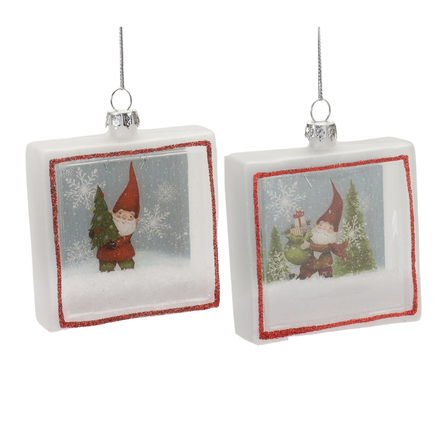 Six glass gnome shadow box Christmas ornaments in white with red and green accents and silver string hangers