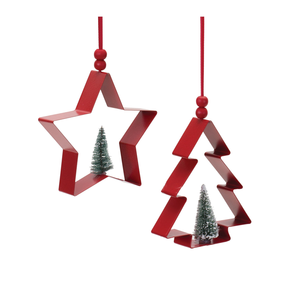 Star and Pine Tree Cookie Cutter Ornament Set of 6 - Red and Green Metal and Clay, Two Rustic Shapes for the Christmas Tree