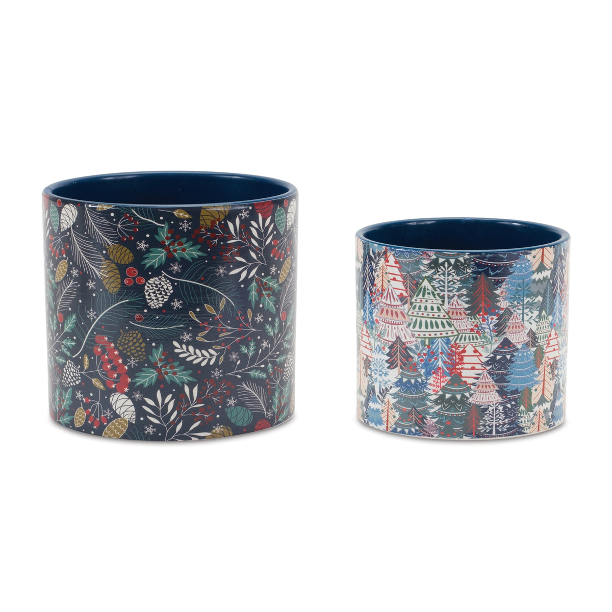 Four blue and white dolomite holiday planters with pinecone, berry, and pine tree designs in two sizes