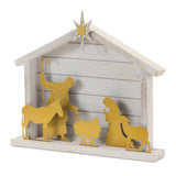 Cut out metal nativity scene in a fir wood barn frame with iron details