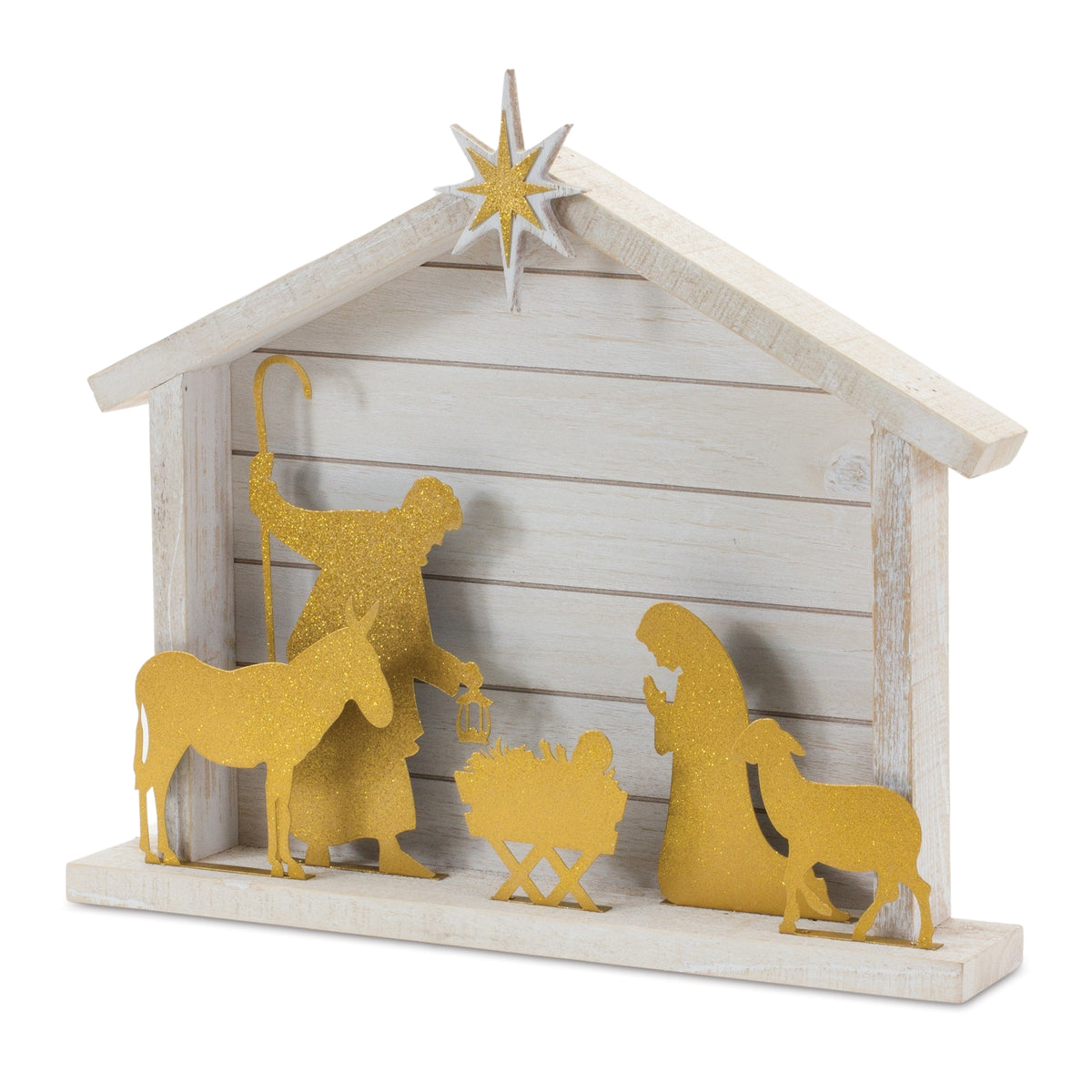 Cut out metal nativity scene in a fir wood barn frame with iron details