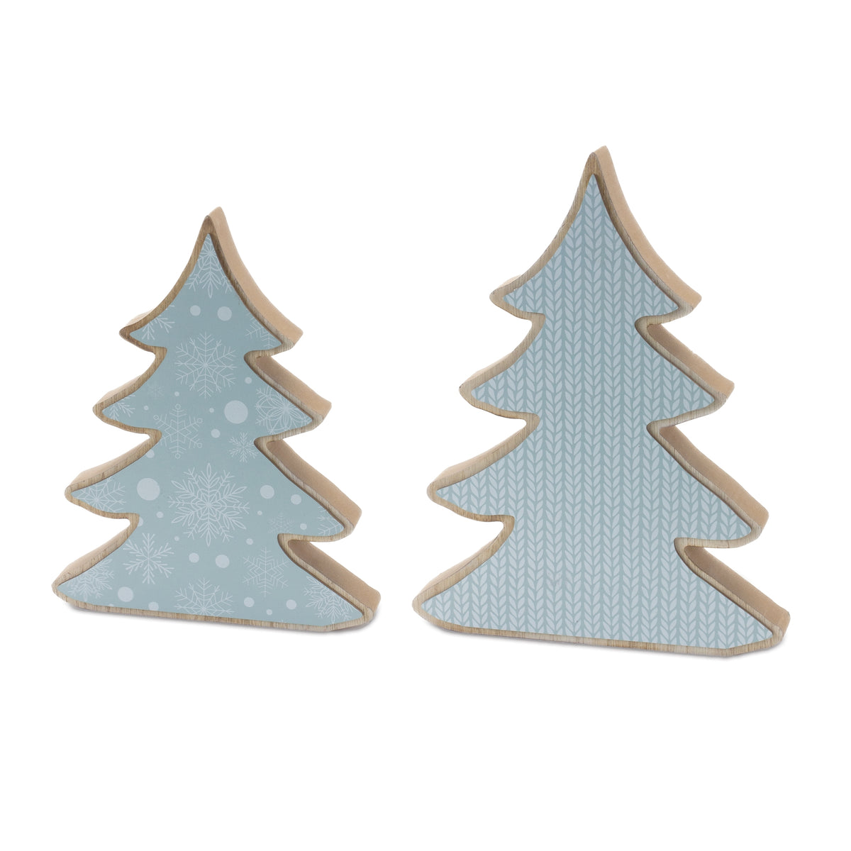 Two blue wood pine trees with a sweater and snowflake pattern
