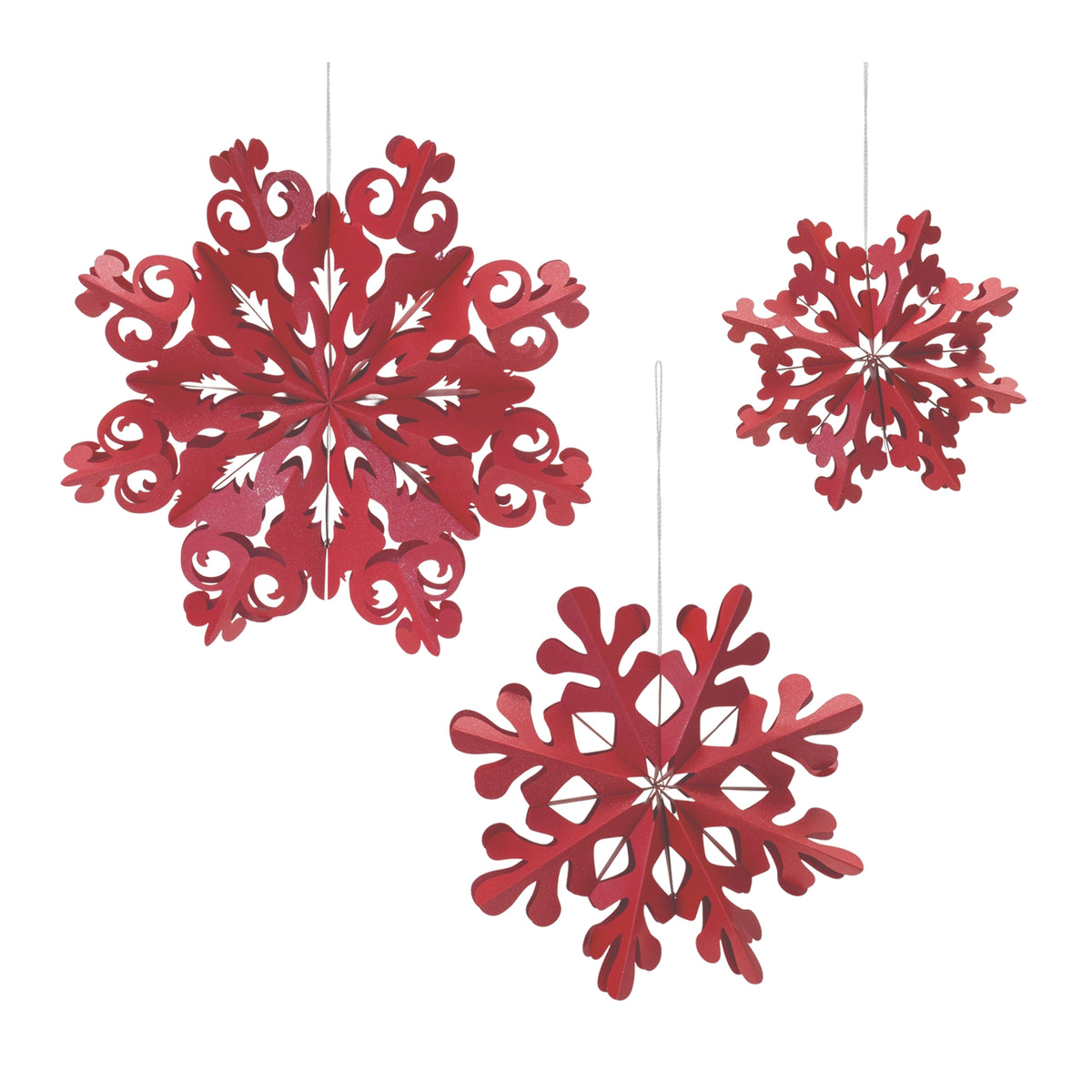 Six red paper snowflake Christmas ornaments in three sizes with silver hanging strings