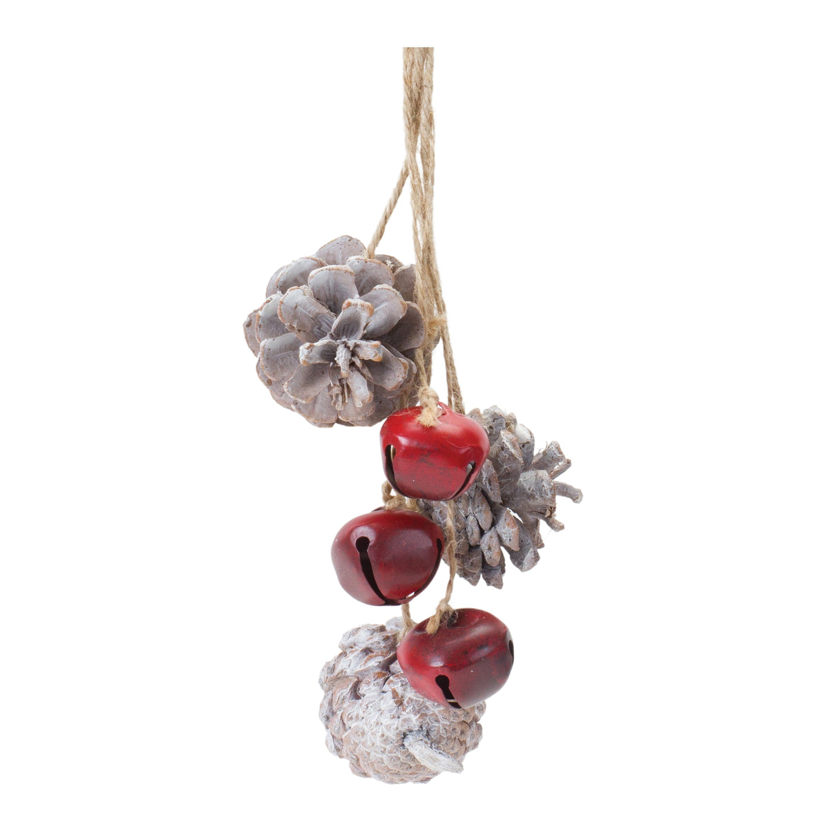 Bell and Pine Cone Drop Ornament Set of 6 - Red and Brown Iron with Sleigh Bells and Pinecones, 15 in Rustic Christmas Tree Drops