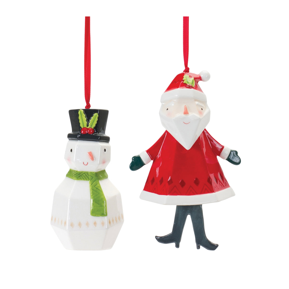 Whimsical Santa and Snowman Ornament Set of 6 - Red and White Dolomite, Two Designs with Ribbon Hangers for the Christmas Tree