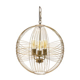 Intricate gold iron sphere hanging pendant light, 20 in wide, with a modern metal globe design