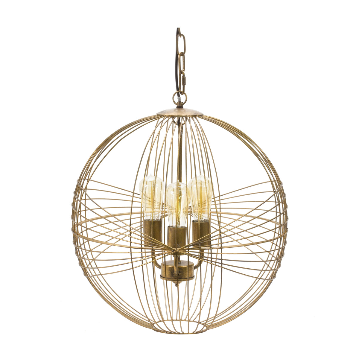 Intricate gold iron sphere hanging pendant light, 20 in wide, with a modern metal globe design