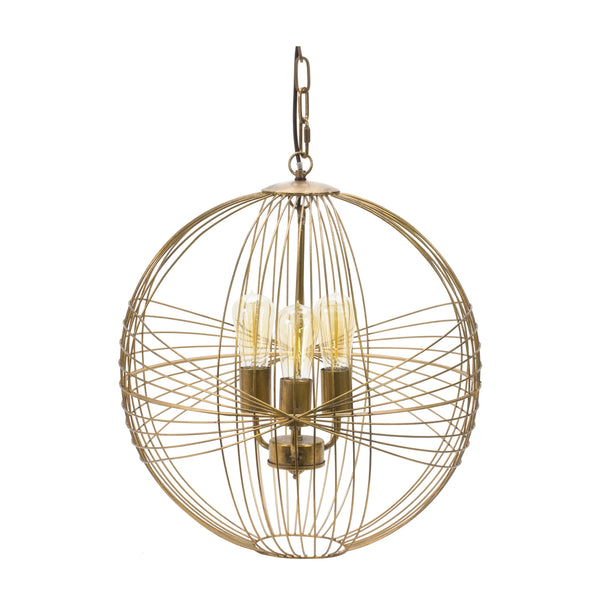 Intricate gold iron sphere hanging pendant light, 20 in wide, with a modern metal globe design