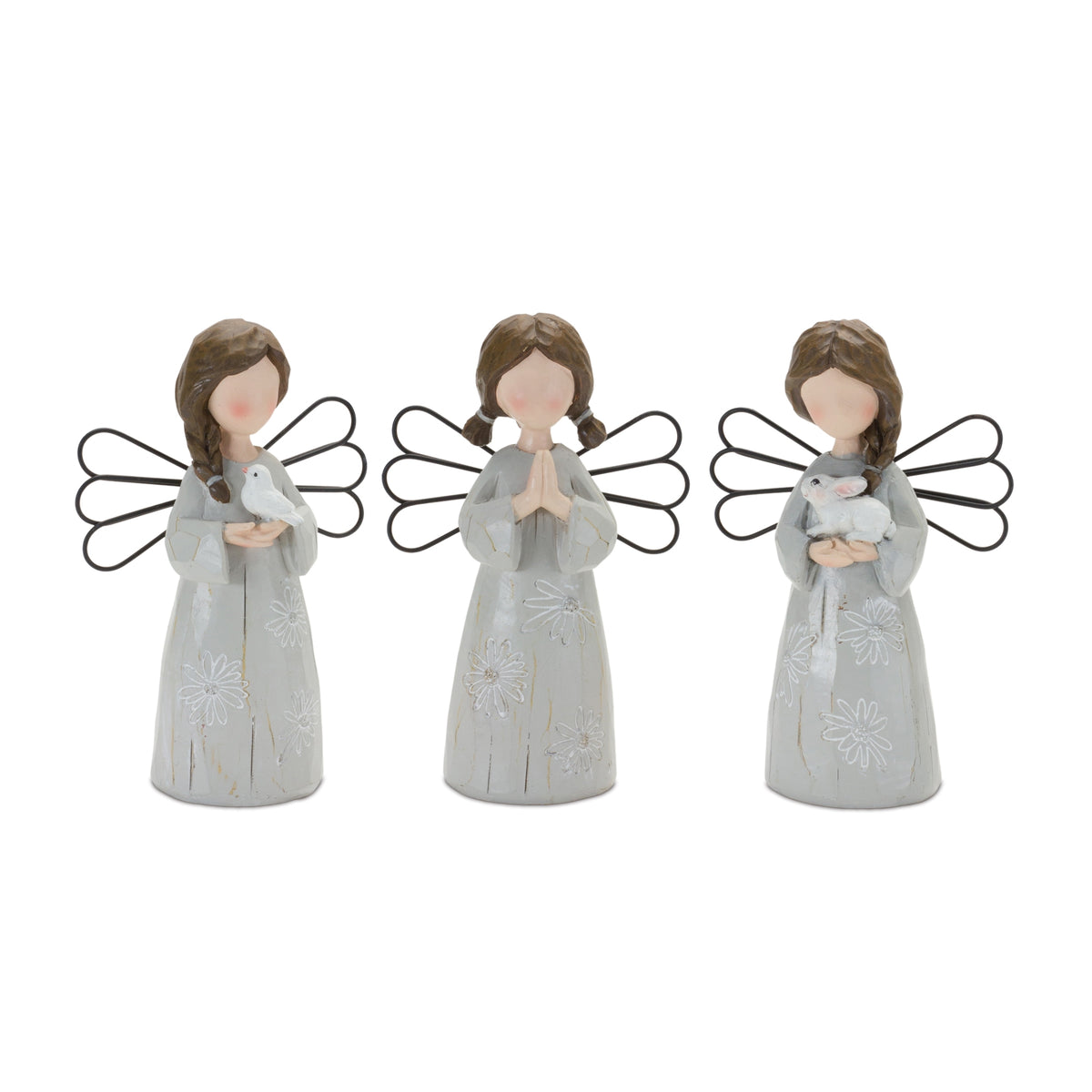 Set of 3 grey resin angel figurines with etched white floral gowns and black wire wings, holding a white bird, praying and holding a bunny