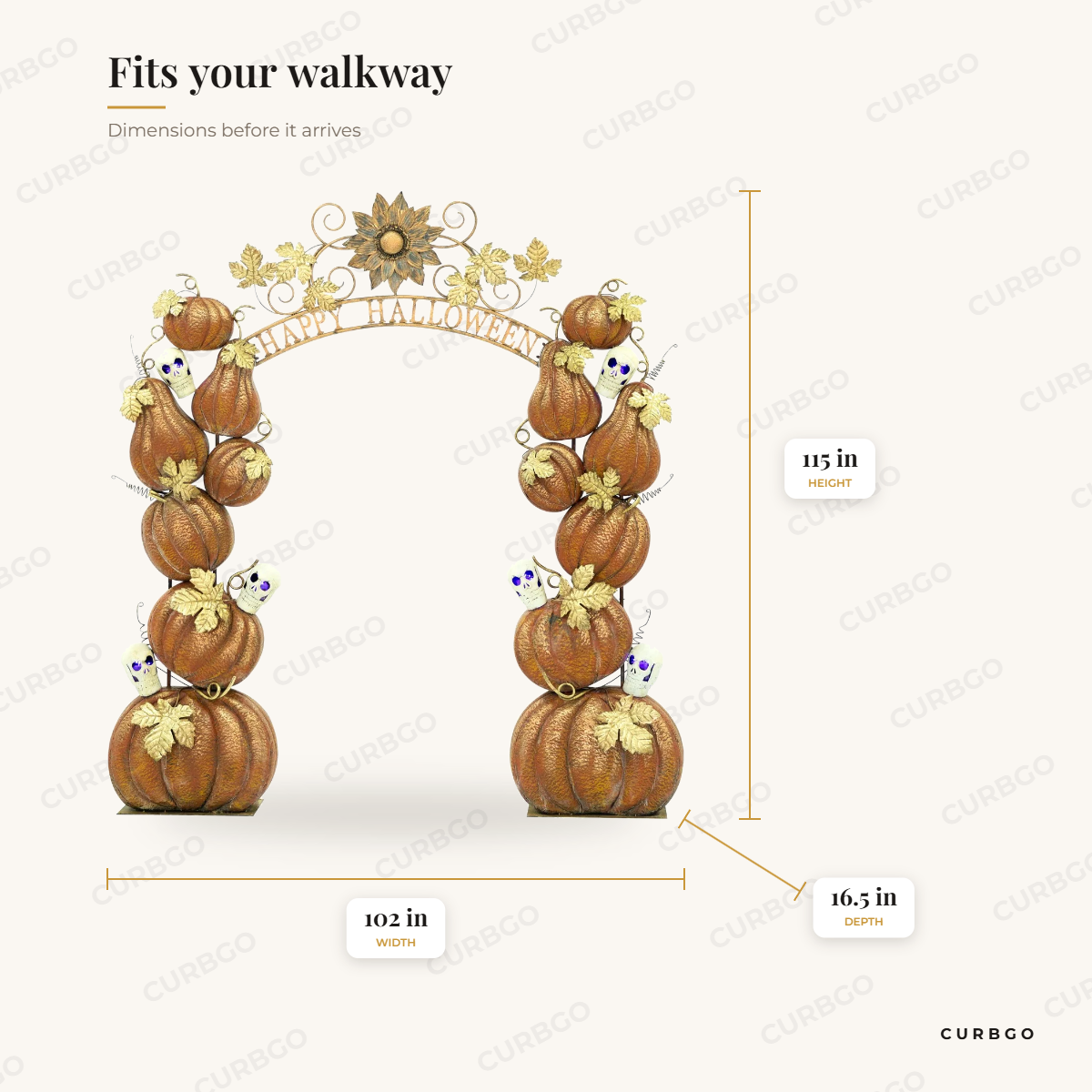 9.6ft Tall Large Happy Halloween Arch with Pumpkins, Skulls, & Purple Lights dimensions: 115 in H x 102 in W x 16.5 in D