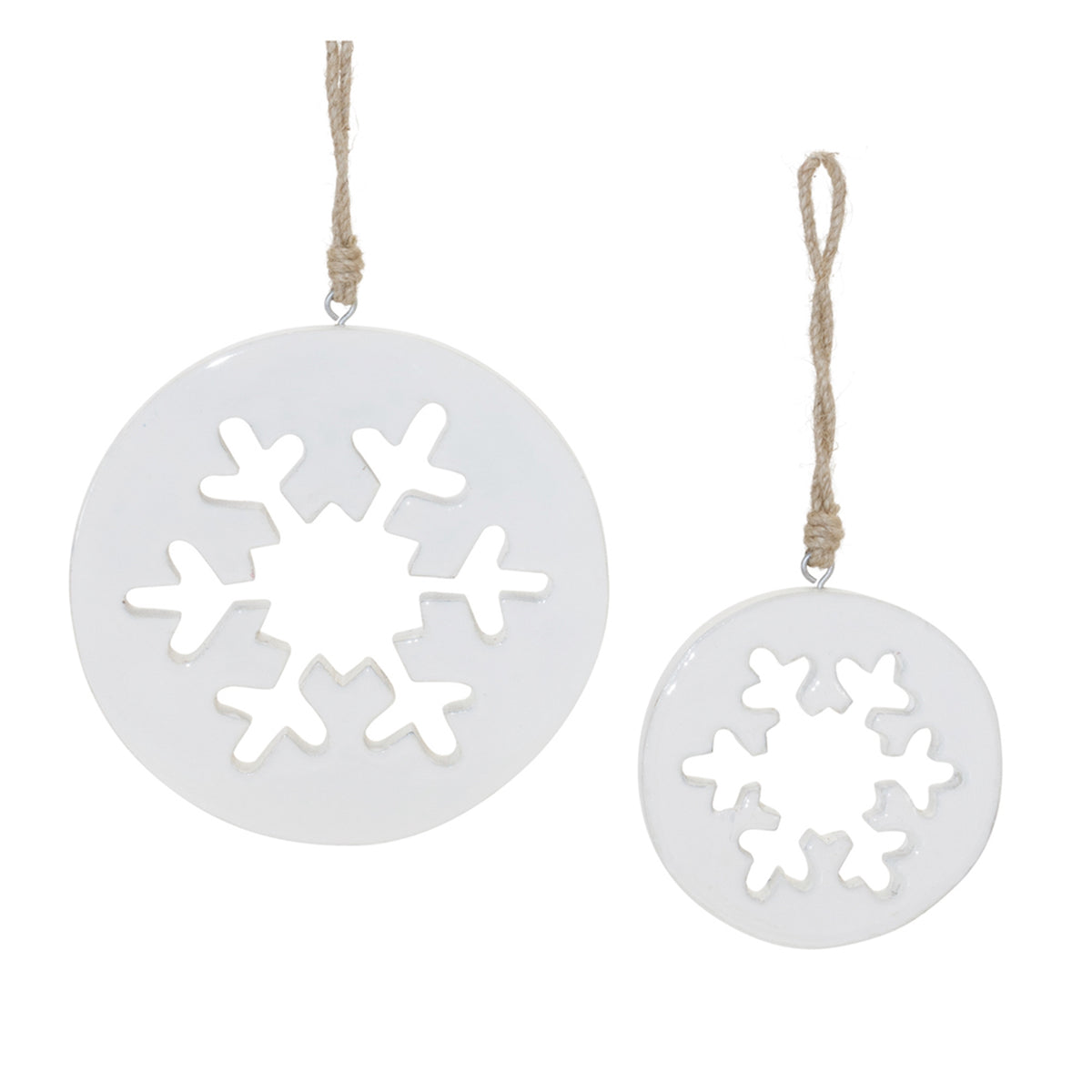 Twelve white wood snowflake cut-out Christmas ornaments with jute hangers