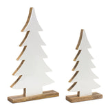 Two solid wood pine trees in white and beige on natural wood bases, one taller than the other