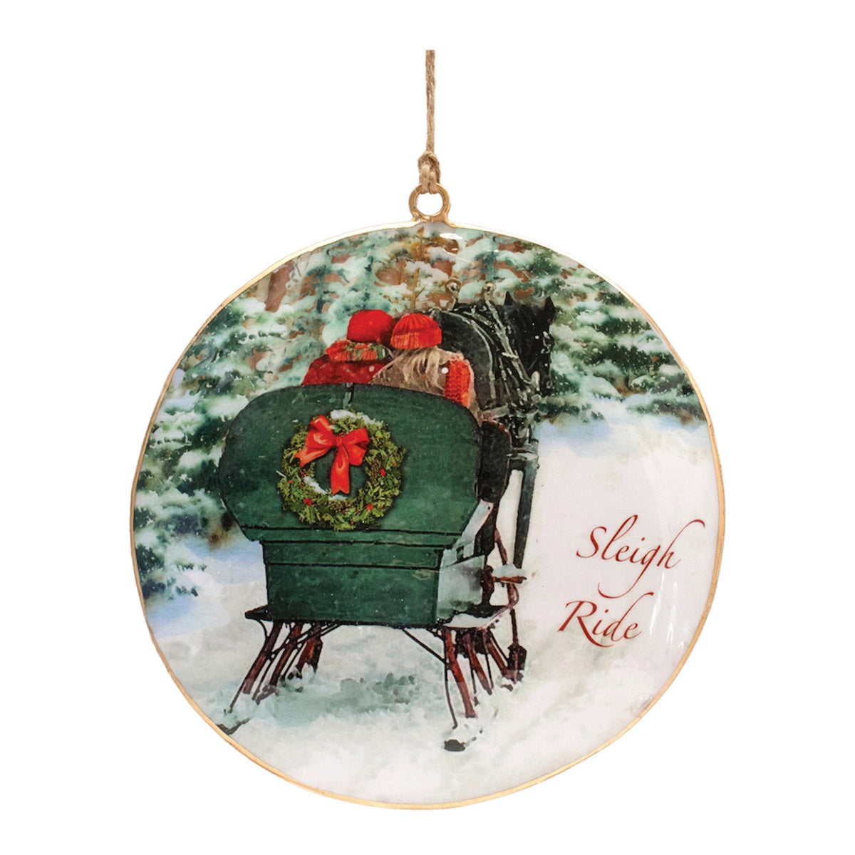 Sleigh Ride Disc Ornament Set of 6 - Green, Red and White Iron with Jute Hangers, Horse-Drawn Couple Christmas Tree Discs