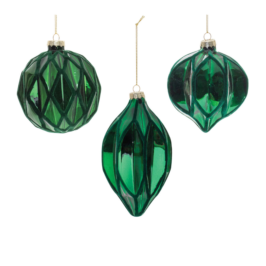 Set of 6 emerald green harlequin textured glass Christmas ornaments in ball, drop and onion shapes with gold string hangers