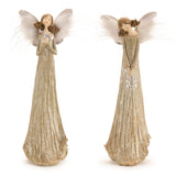 Set of 2 angel figurines in glittered gold and silver textured gowns with soft white feather wings