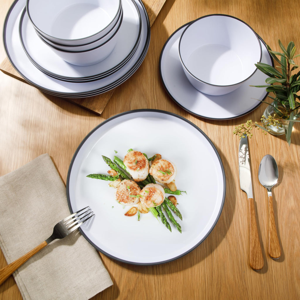 Gibson Home Folsom Shores 12-Piece Melamine Dinnerware Set, White with Black Rim, Service for 4