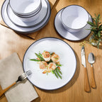 Gibson Home Folsom Shores 12-Piece Melamine Dinnerware Set, White with Black Rim, Service for 4