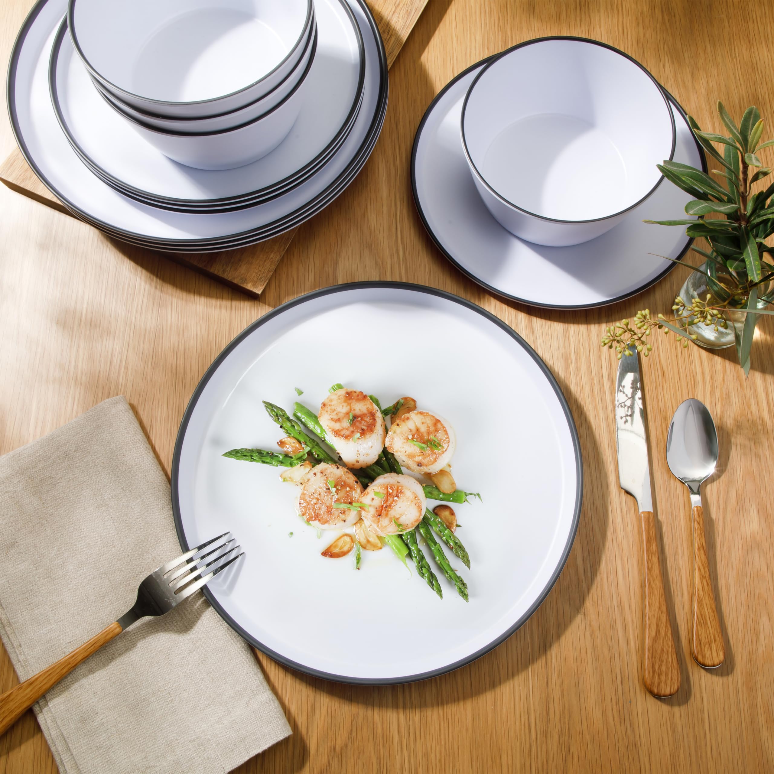 Gibson Home Folsom Shores 12-Piece Melamine Dinnerware Set, White with Black Rim, Service for 4