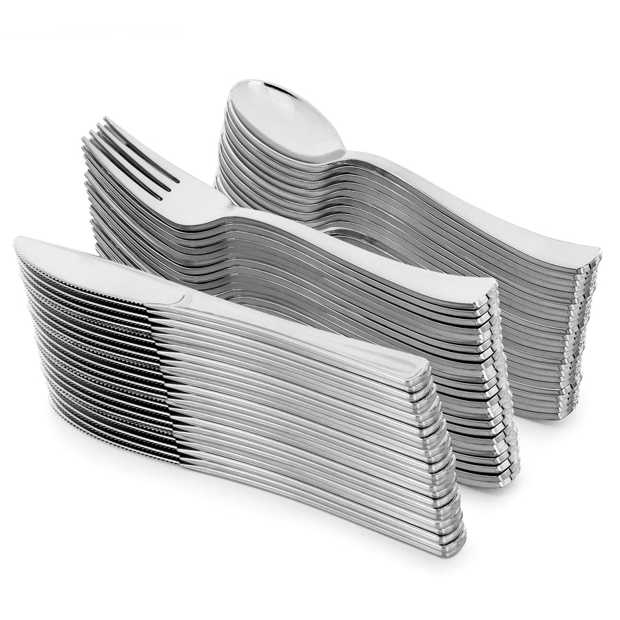 Elama 150-Piece Disposable Plastic Dinnerware Party Set for 25 Guests, Plates, Cups and Cutlery, White with Silver Trim