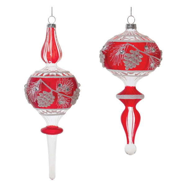 Six red and white frosted glass finial drop Christmas ornaments with glittered pinecones and gold strings