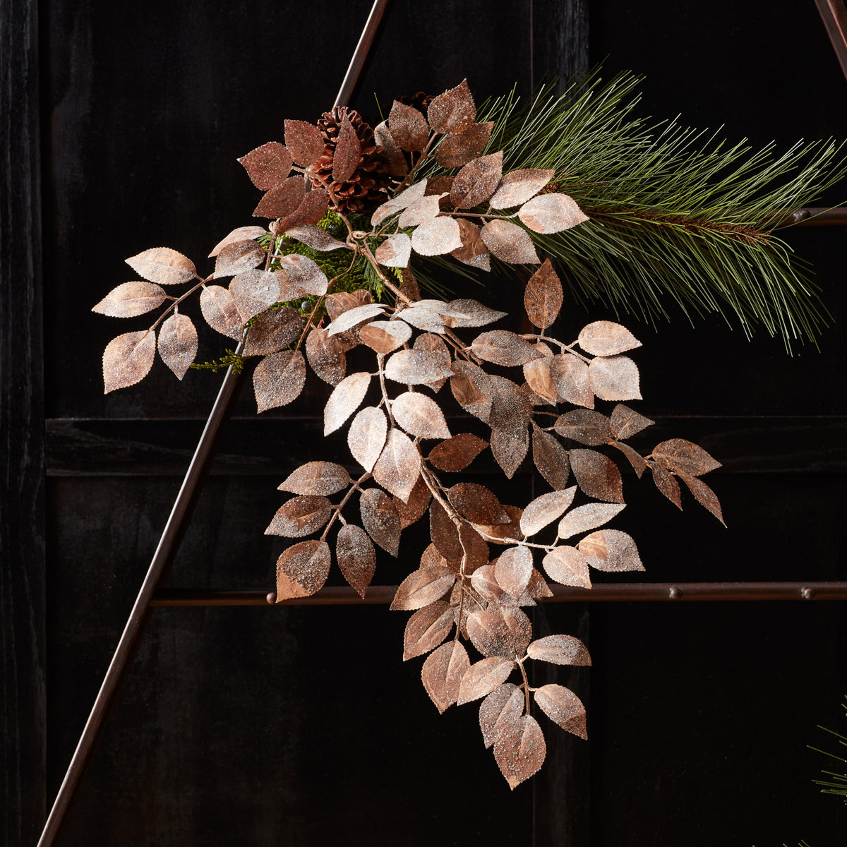 Bronze Glittered Velvet Leaf Sprays, set of 2 shown together, artificial Christmas stems for vases, trees and wreaths