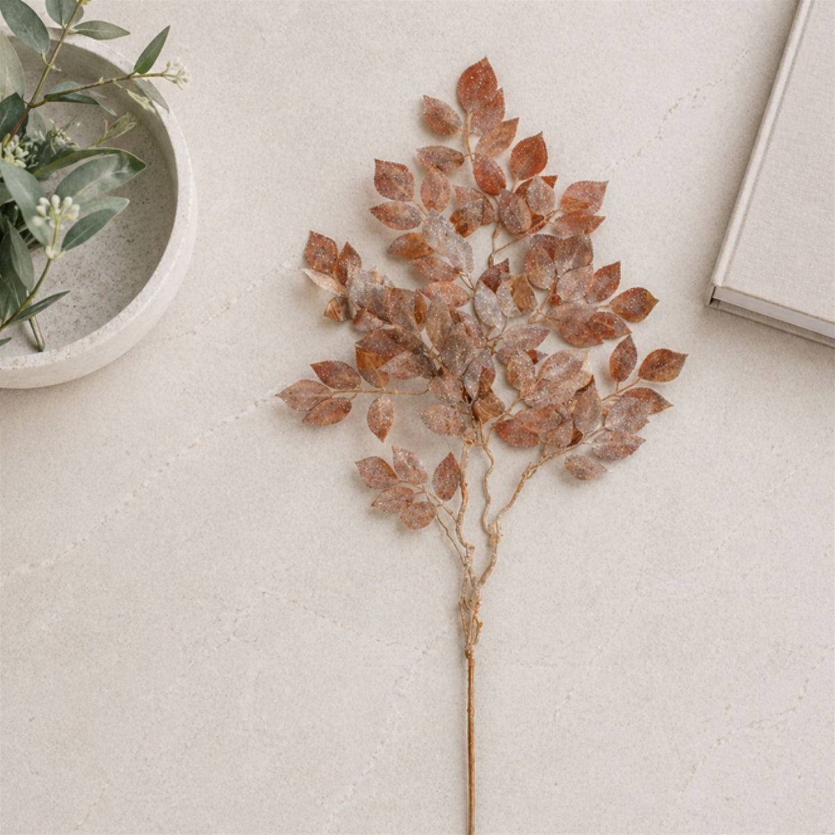 Bronze Glittered Velvet Leaf Sprays styled in holiday decor, faux Christmas spray arrangement idea