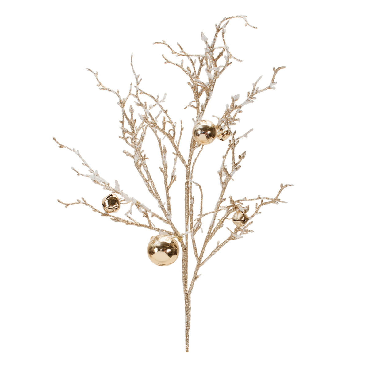 White and gold flocked Christmas twig branch with sleigh bell accents, 25 inches tall